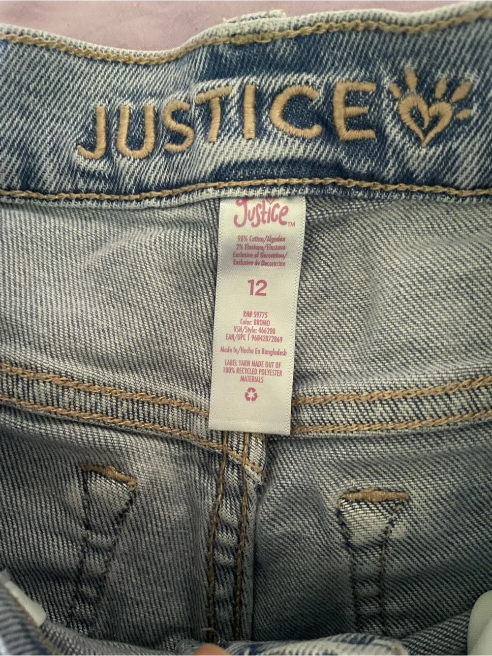 Justice Girls Light Blue Distressed Straight Jeans with Dark Patch Accents